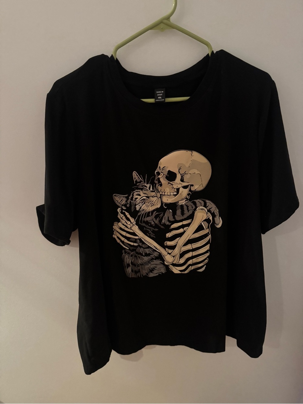 SHEIN Black Tee with Beige Skeleton & Gray Cat Graphic